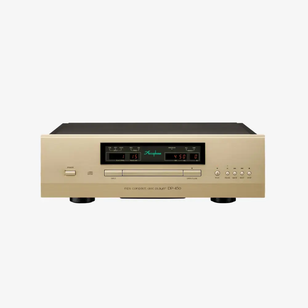 Lecteur CD Accuphase DP-450, boîtier classique avec tiroir central et affichage numérique.