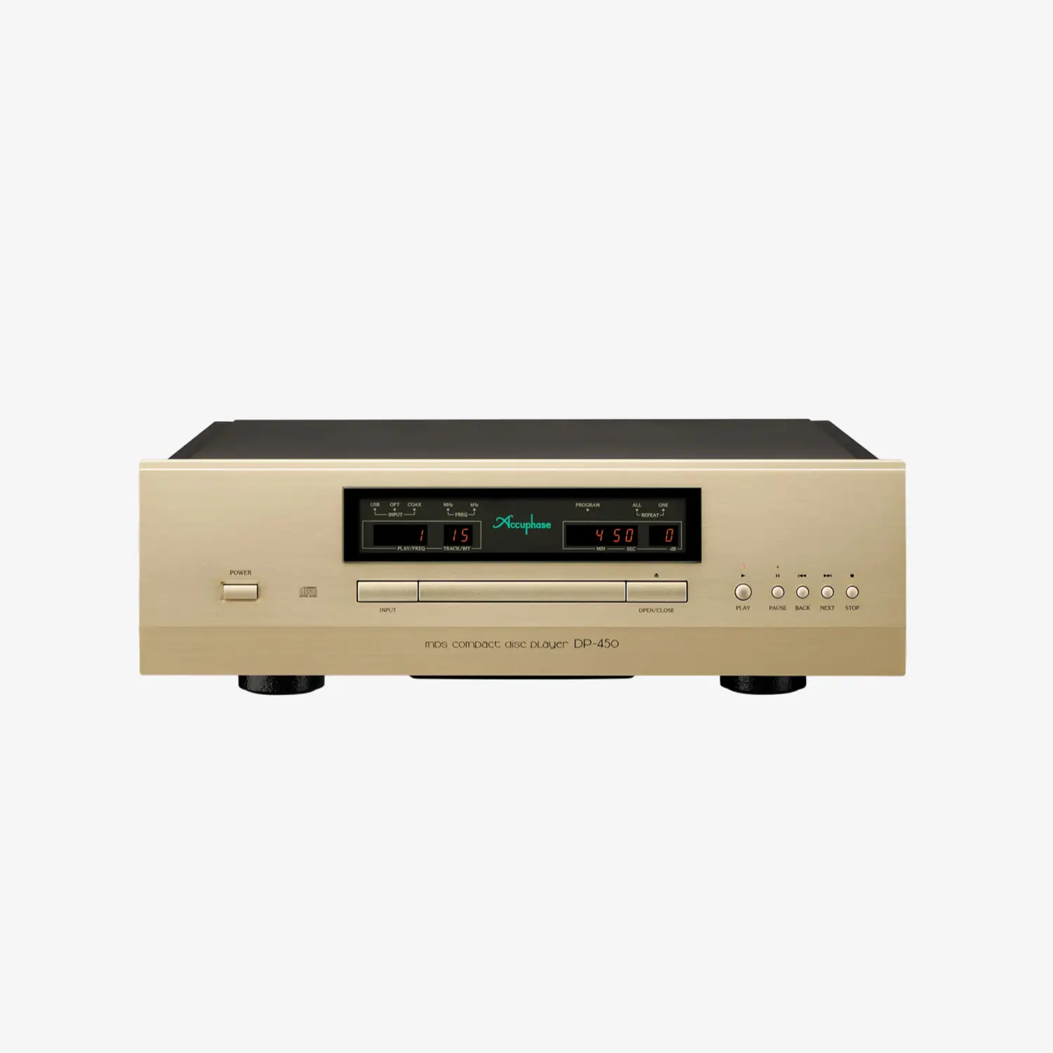Lecteur CD Accuphase DP-450, boîtier classique avec tiroir central et affichage numérique.
