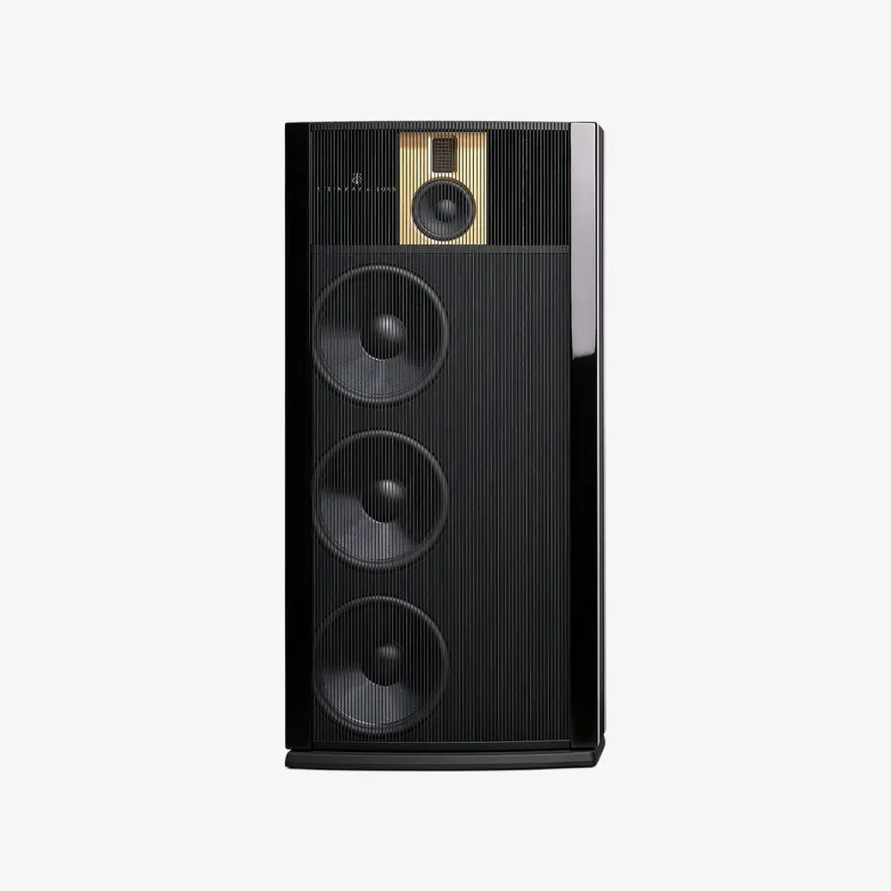 Enceinte dipôle Steinway Lyngdorf Model B en finition noire et dorée, conçue pour un son ouvert et précis.