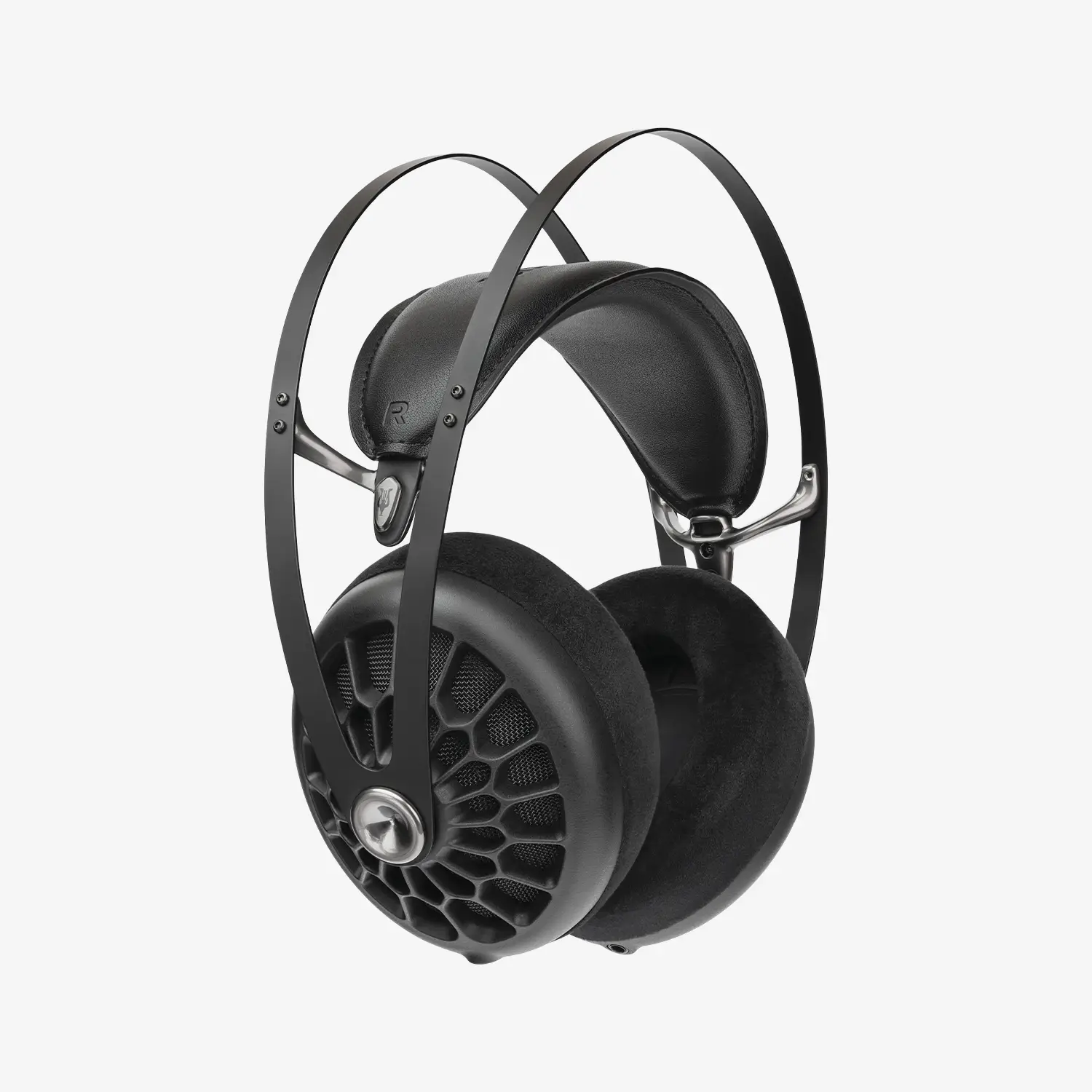 Casque audio ouvert Meze 105 AER noir et argent avec coussinets en velours et bandeau auto-ajustable.
